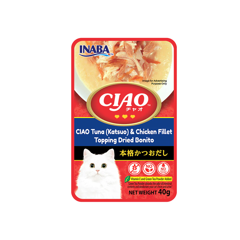 CIAO Tuna (Katsuo) & Chicken Fillet Topping in Dried Bonito Soup Cat Treats 40g (pouch)