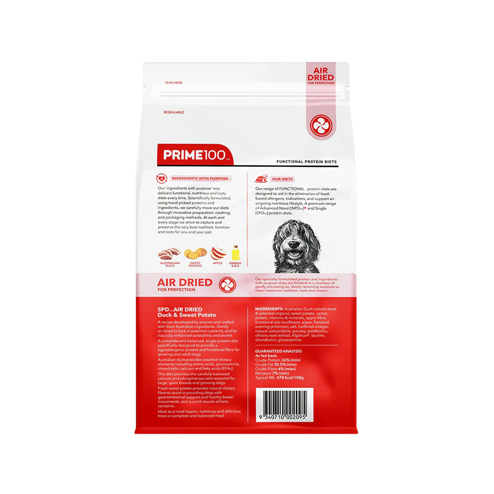 PRIME100 SPD Air Dried Duck & Sweet Potato Adult Dog Food 2.2kg - Image 4