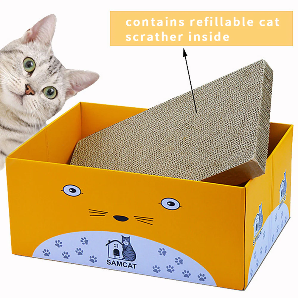 ZODIAC Yellow Box Corrugated Cardboard Cat Scratcher with Scratcher Refill Inside - Image 3